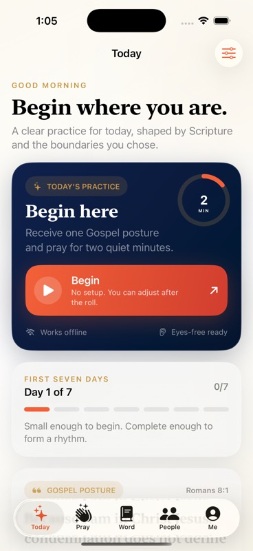 SNCTFY Today screen showing a two-minute Scripture practice
